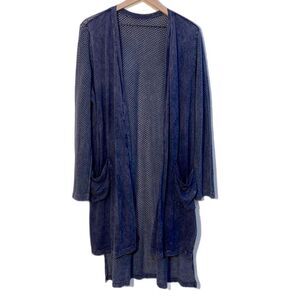 CARDIGAN Long line Duster Women’s L Navy Blue High Low Netting Back & Sleeves.